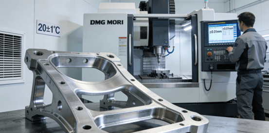 ±0.01mm Tolerance CNC Milling How to Save 30% on Costs for Industrial Automation A precision machinist monitors a 5-axis CNC milling machine machining a complex aerospace component in a temperature-controlled workshop, highlighting the process for achieving ±0.01mm tolerances required for industrial automation and AS9100D standards